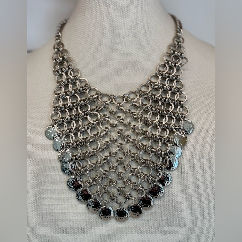 🔘 Statement Bib Necklace Chico’s Silver Tone Chainmail w/ Hammered Disc Fringe